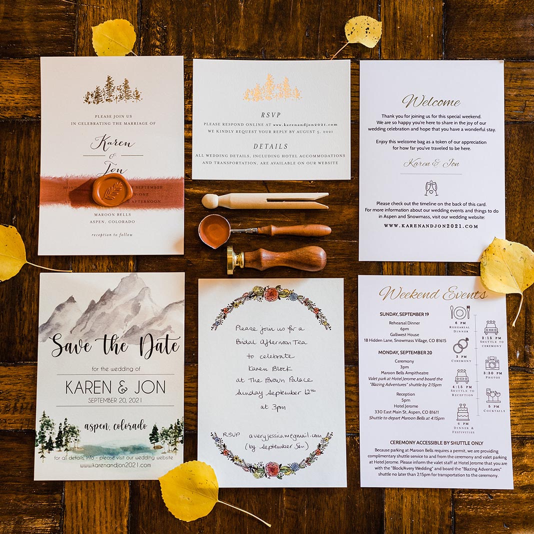 aspen wedding invitations, wax seals, silk ribbon